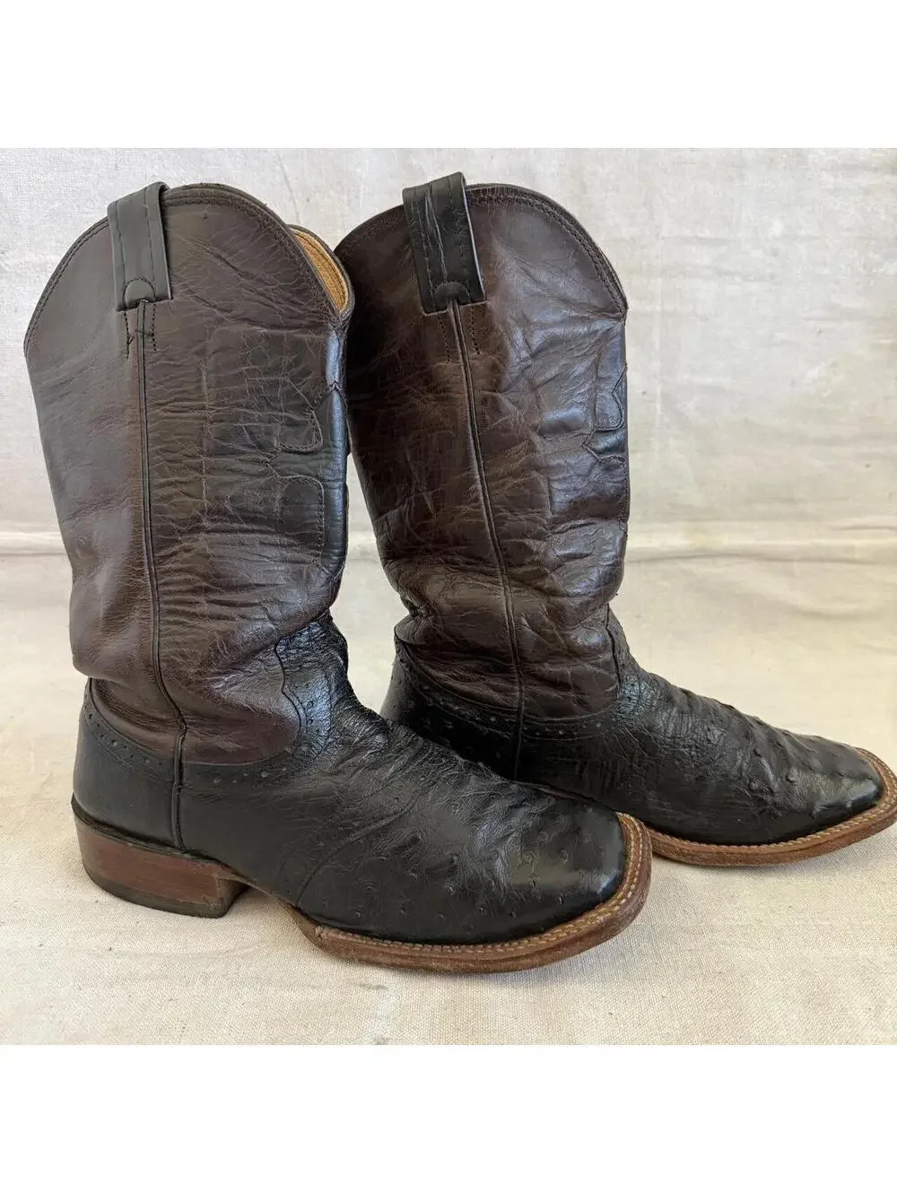 Larry Mahan Cowboy Black Ostrich Leather Square Toe with Brown Shaft Men Size 7